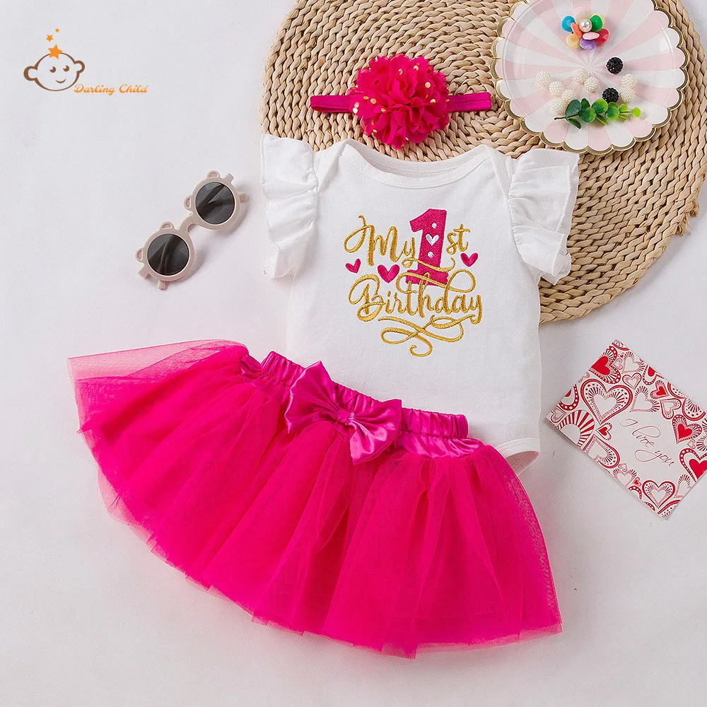 Baby Girl Clothes My First Birthday Dress Cute Pink Dresses + Romper Outfits Toddler Girls Summer Clothes Jumpsuit for Party 1