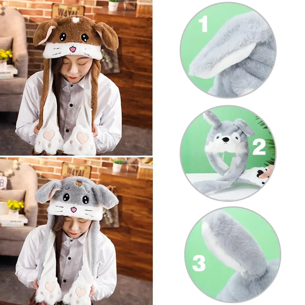 Cute Moving Jumping Soft Funny Cap Plush Rabbit Pinch Airbag Animals Ear Hat