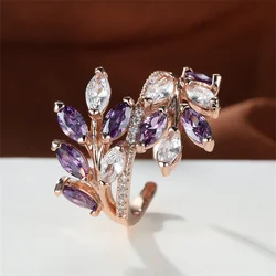 Marquise Cut Multicolor Zircon Leaf Ring in Rose Gold Boho Style (Purple 01)
