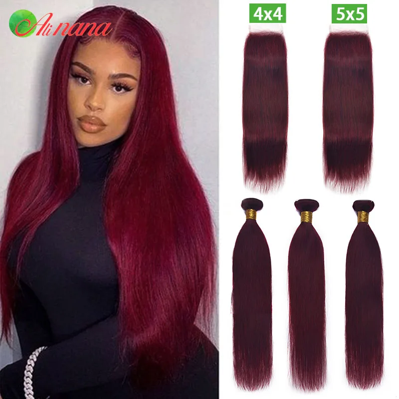 

99J Burgundy Bundles With Closure 5x5 Peruvian Human Hair Body Wave Bundles With Closure Red Colored Human Hair Extension