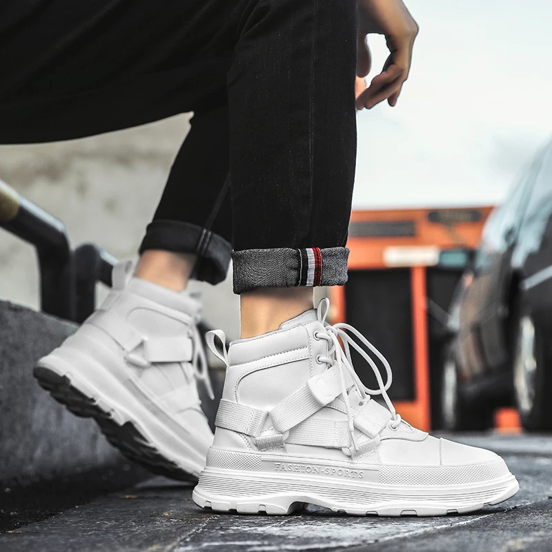 Men Leather Boots High top Fashion Casual Sneakers Thick-soled Chunky Comfort Platform