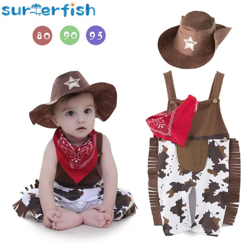 cowboy Baby Boy Clothes Costume Infant Toddler Cowboy Set 3Pcs Hat Scarf Romper Halloween Event Birthday Holiday Cosplay Outfits