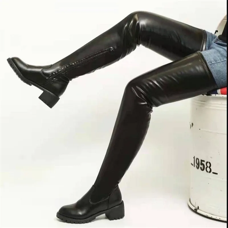 Women High Heel Boots Skidproof Platform Easy Walk Stretch Lug-Sole Over The Knee Boots Women Black White Shoes