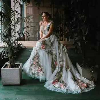 Beach 3D Flower Leaf Lace Wedding Dresses Gowns Modest Backless A-line Long Tulle bohemian Bridal Floral Party