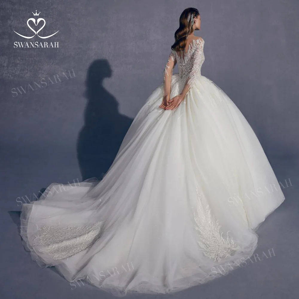 Long Sleeve Wedding Dress 2025 Luxury Shiny Appliques Beaded Ball Gown Princess Bride SwanSarah AV01 customized Vestido De Novia 3