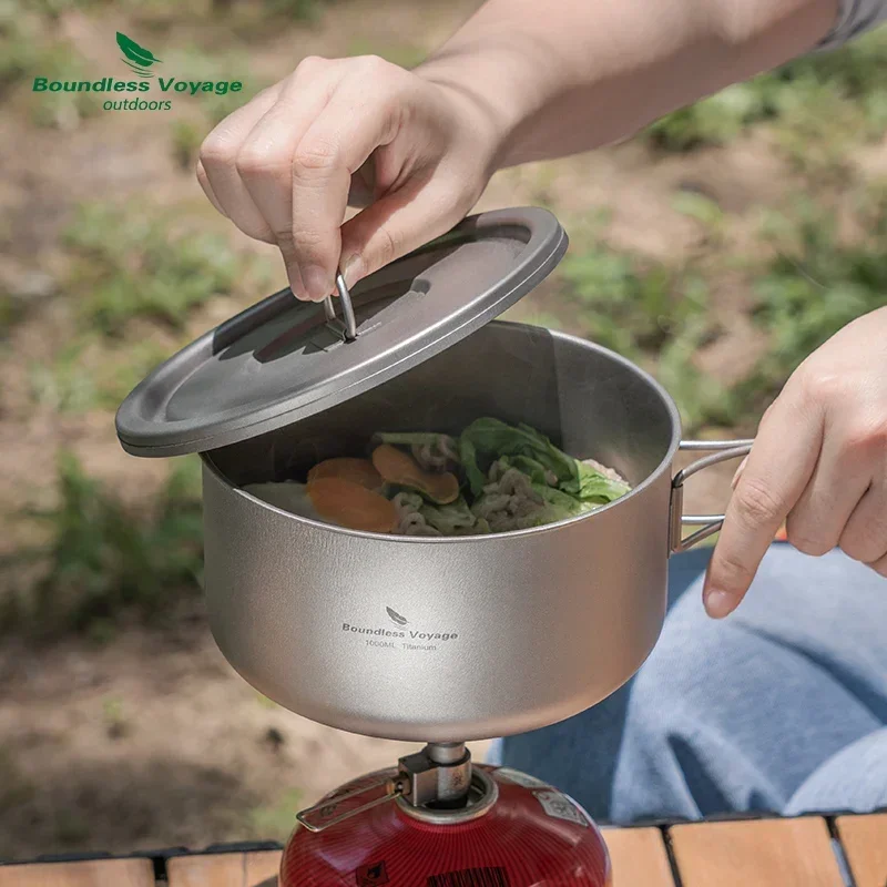 Boundless Voyage 1000ml Titanium Cooking Pot with Lid Single Layer Cookware Tableware for Soup Rice Kitchen Tool /Folding Handle