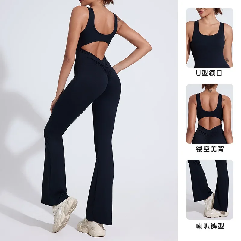 

Sexy Scrunch Bum V Back One-piece Sporty Jumpsuit Wide Leg Sport Pilates Fitness Gym Overalls Women Yoga Clothes Dance Romper