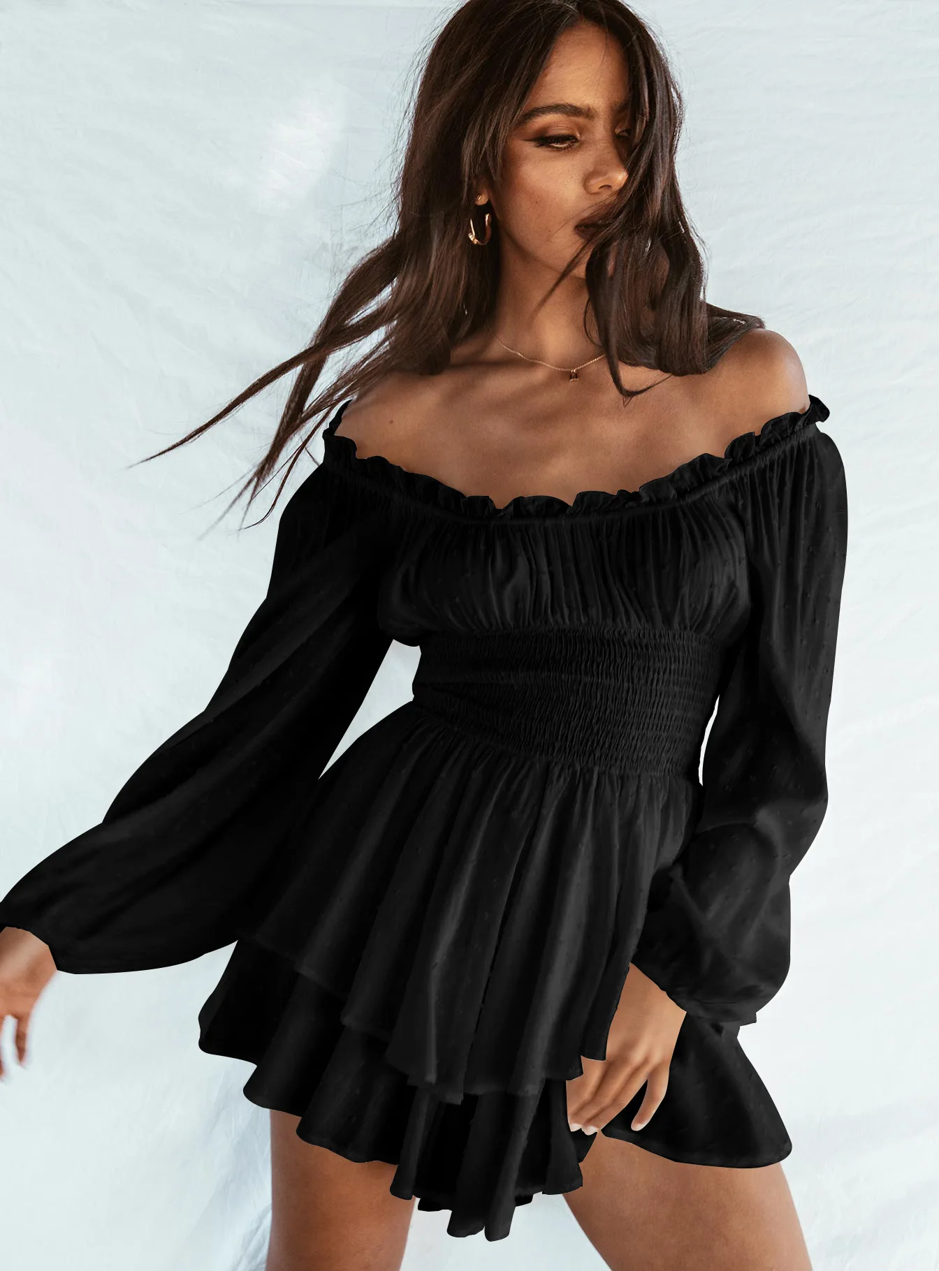 

Casual Ruffled Rompers for Women, One-Line Collar, Long Sleeve, Superior, New, Summer