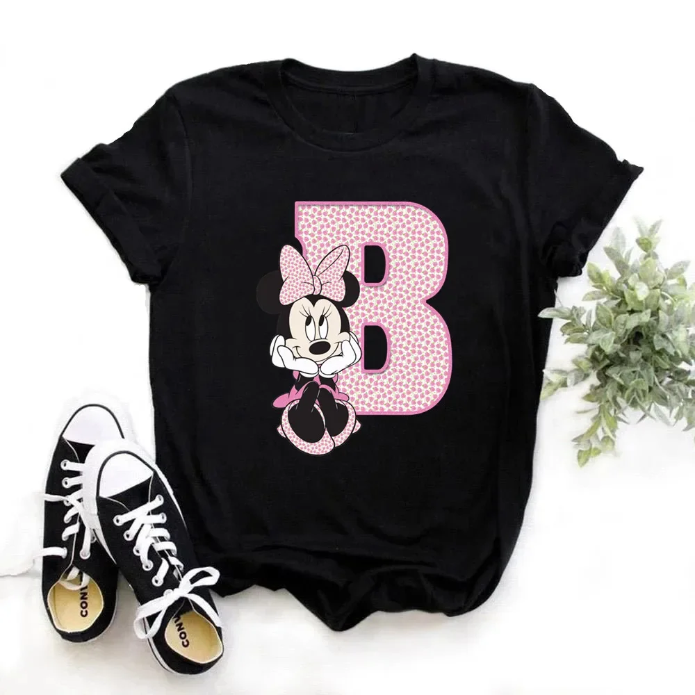 thumbnail image 1 of Camiseta de algodón para niños de Disney Minnie Mouse, divertida camiseta con estampado de 26 letras mayúsculas de la A a la Z, camisetas góticas para niñas, camisetas kawaii de verano, 1 of 5