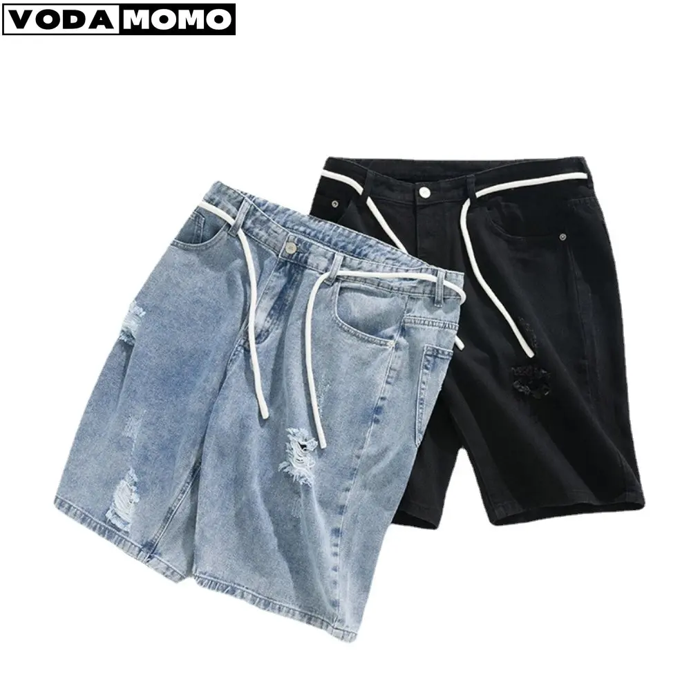 Nuovi Uomini Estivi Vintage Fori Pantaloncini Di Jeans Streetwear Jeans Corti 2023 Pantaloncini Di Jeans Al Ginocchio Da Uomo Jeans Dritti High Street