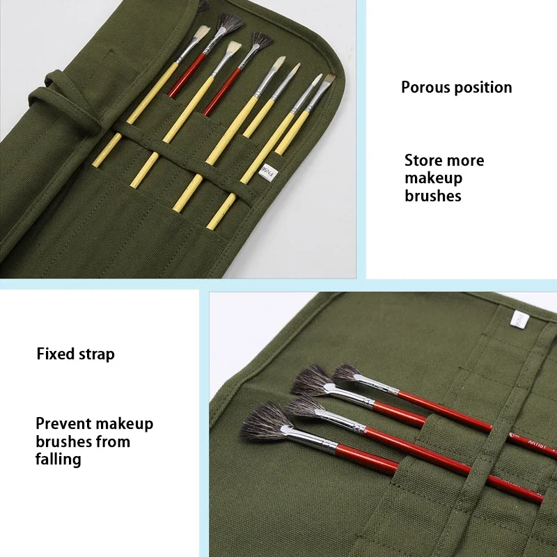 16/22 Holes Makeup Brush Storage Bag Women's Canvas Cosmetic Pouch Travel Fold Organizer Portable Bundle Strap Design Beauty Bag