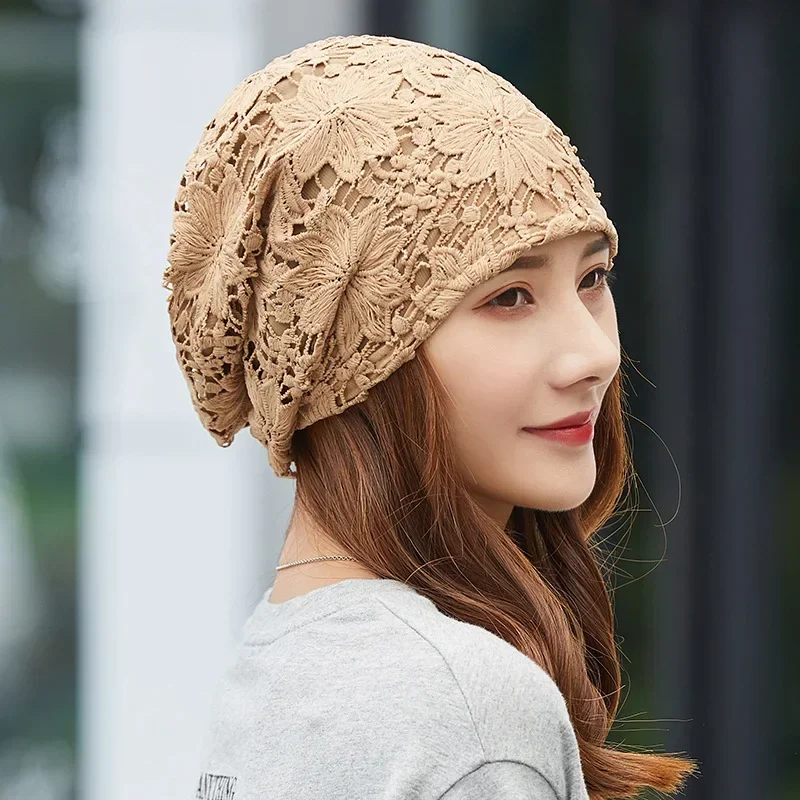 New Bonnet for Women Hollow Big Flower Skullies Hat Summer Breathable Sun Hats Street Fashion Women Beanies Cap 3