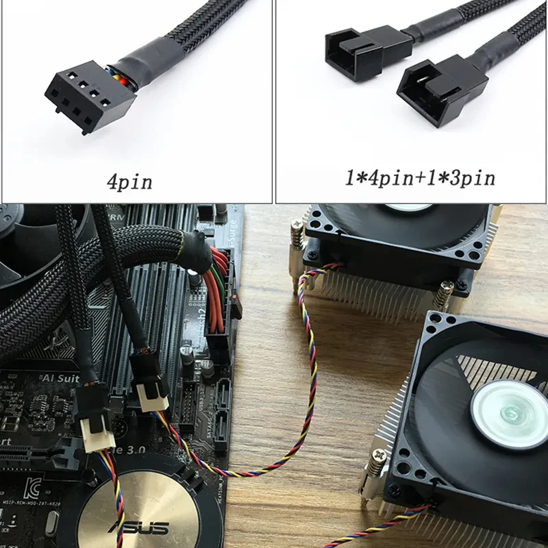 Description Picture 3 of item1PCS 4Pin Pwm Fan Cable 1 To 2/3/4 Ways Splitter Black Sleeved 27cm Extension Cable Connector PWM Extension Cables