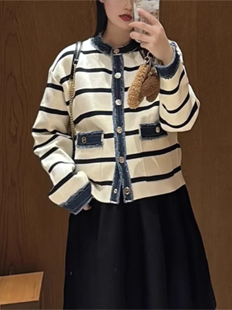Women's Striped Knitted Cardigan Coat Versatile Contrasting Denim Patchwork Trim Female Single-Breasted Knitwear Jacket Tops 3