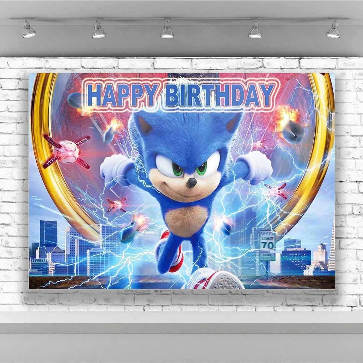 Blue Running Hedgehog Supereroe Decorazione di compleanno per bambini Sfondo Fotografia Corsa Gioco Studio fotografico Banner Puntelli