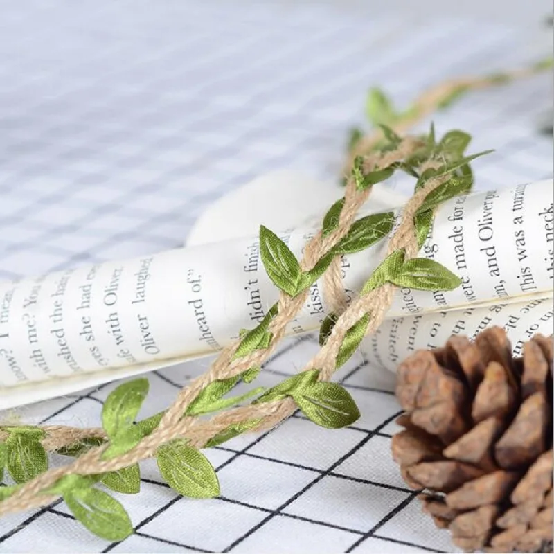 5M Simulation Green Leaves Weaving Hemp Rope DIY Wedding Birthday Wedding Decoration Rattan Gift Bouquet Packaging Rope 5mm