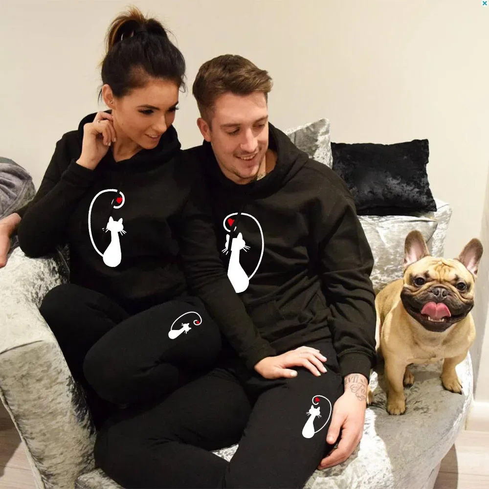 

Couples Cat Printed Lover Winter Hoodies and Sweatpants 2PCS Clothing Casual Sports Hoodie Tracksuit Male Clothing