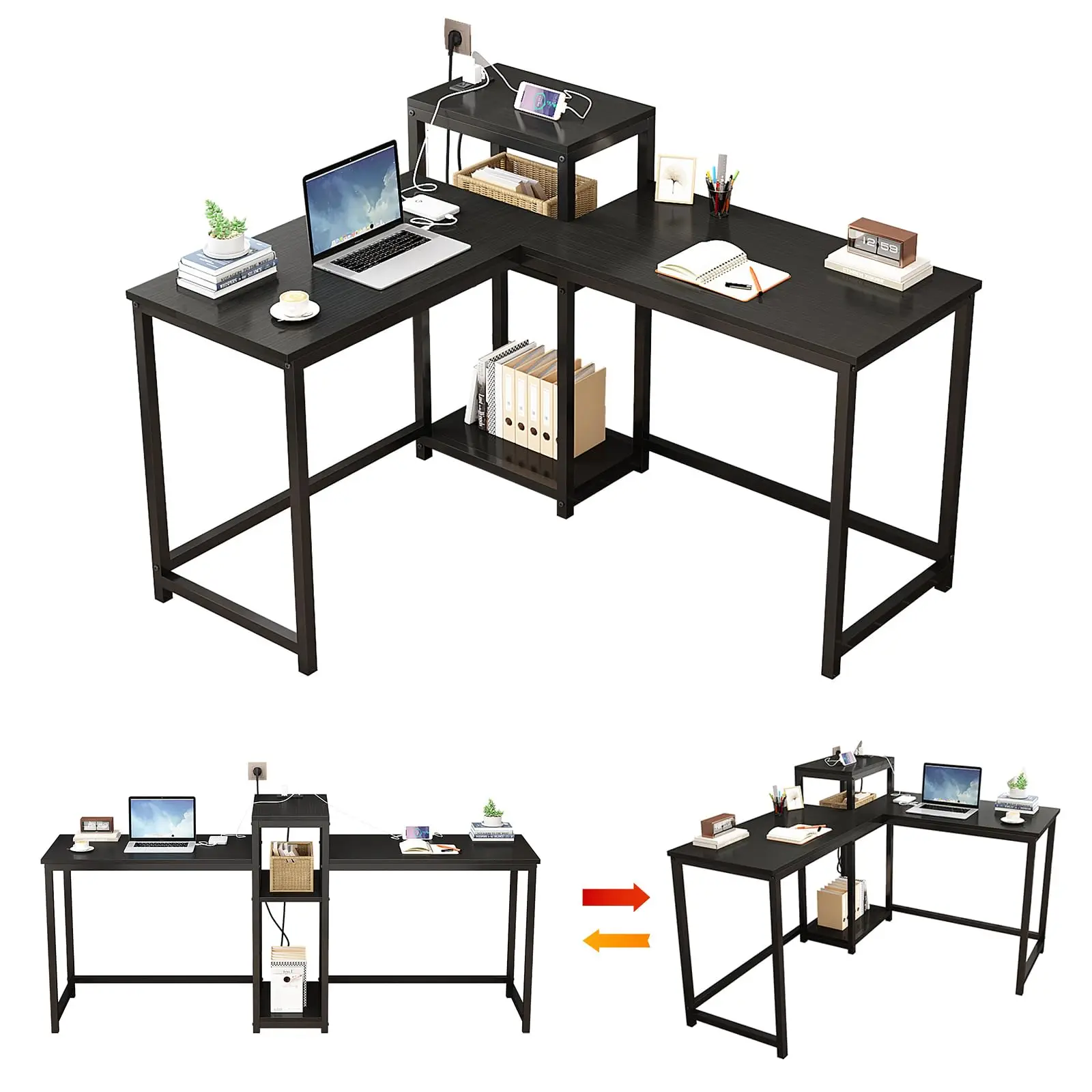 Reversible Computer Desk with Power Outlets & File Cabinet,L Shaped Desk with Storage Shelves,Gaming Desk Corner Desk