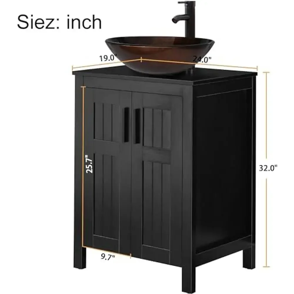 Black Wood Bathroom Vanity Cabinet with Ceramic Vessel Sink & Grooved Doors 2