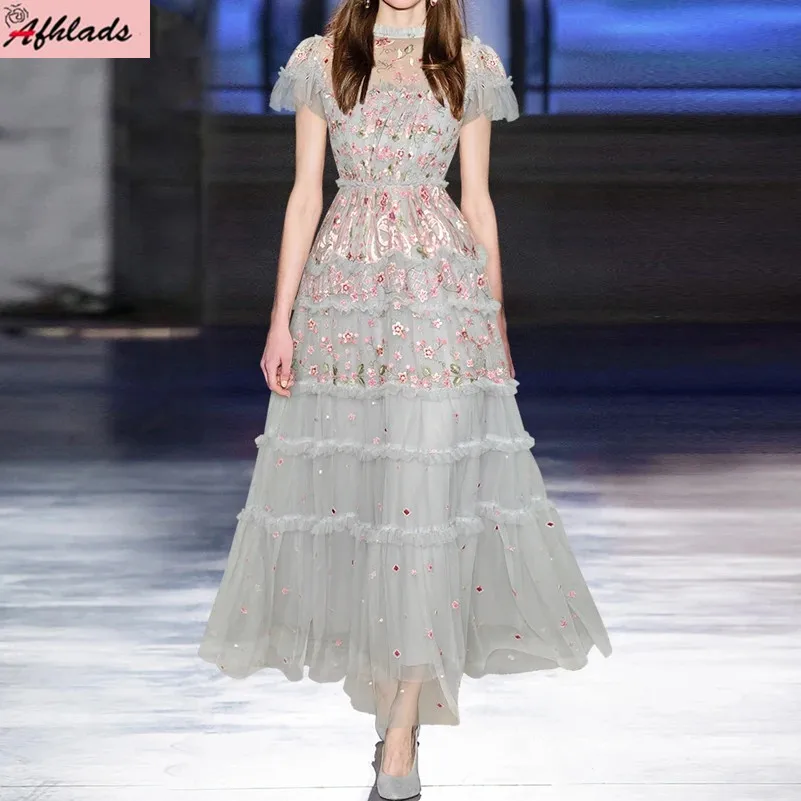 

Round Neck Ruffles Patchwork Short Sleeve Mesh Embroidery High Waist Dress Summer Luxury Women Party Elegant Vestidos