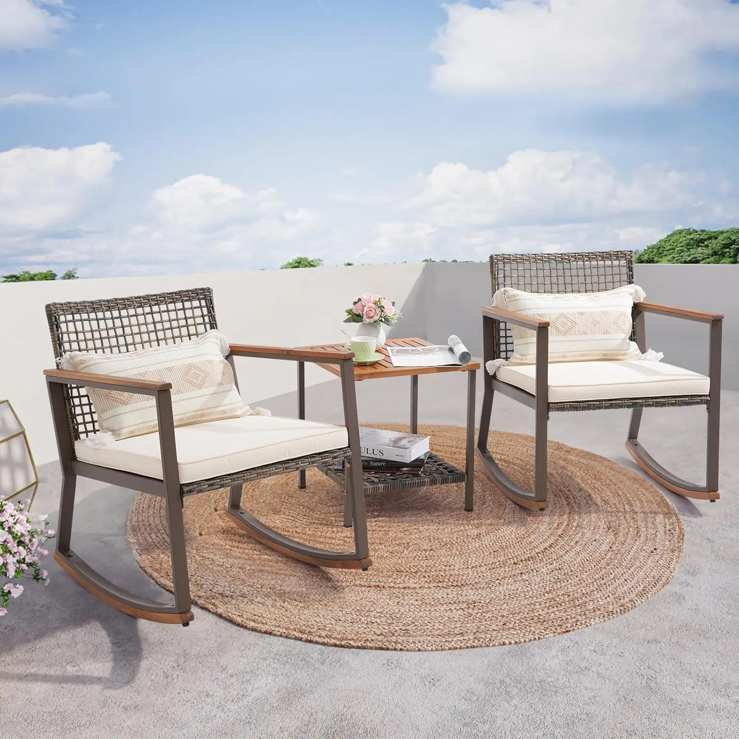 3 Pieces Rocking Bistro Set, Outdoor Conversation Bistro Chairs and Table Set with Wood Armrest and Soft Cushions,