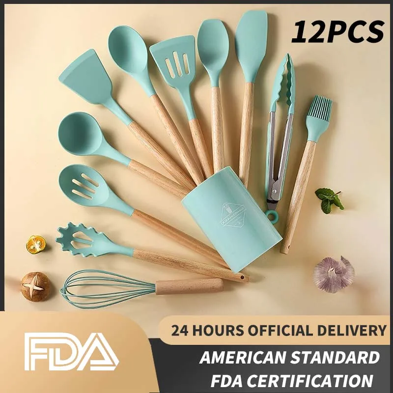 12PC Silicone Kitchen Utensils Set with Wooden Handles FDA