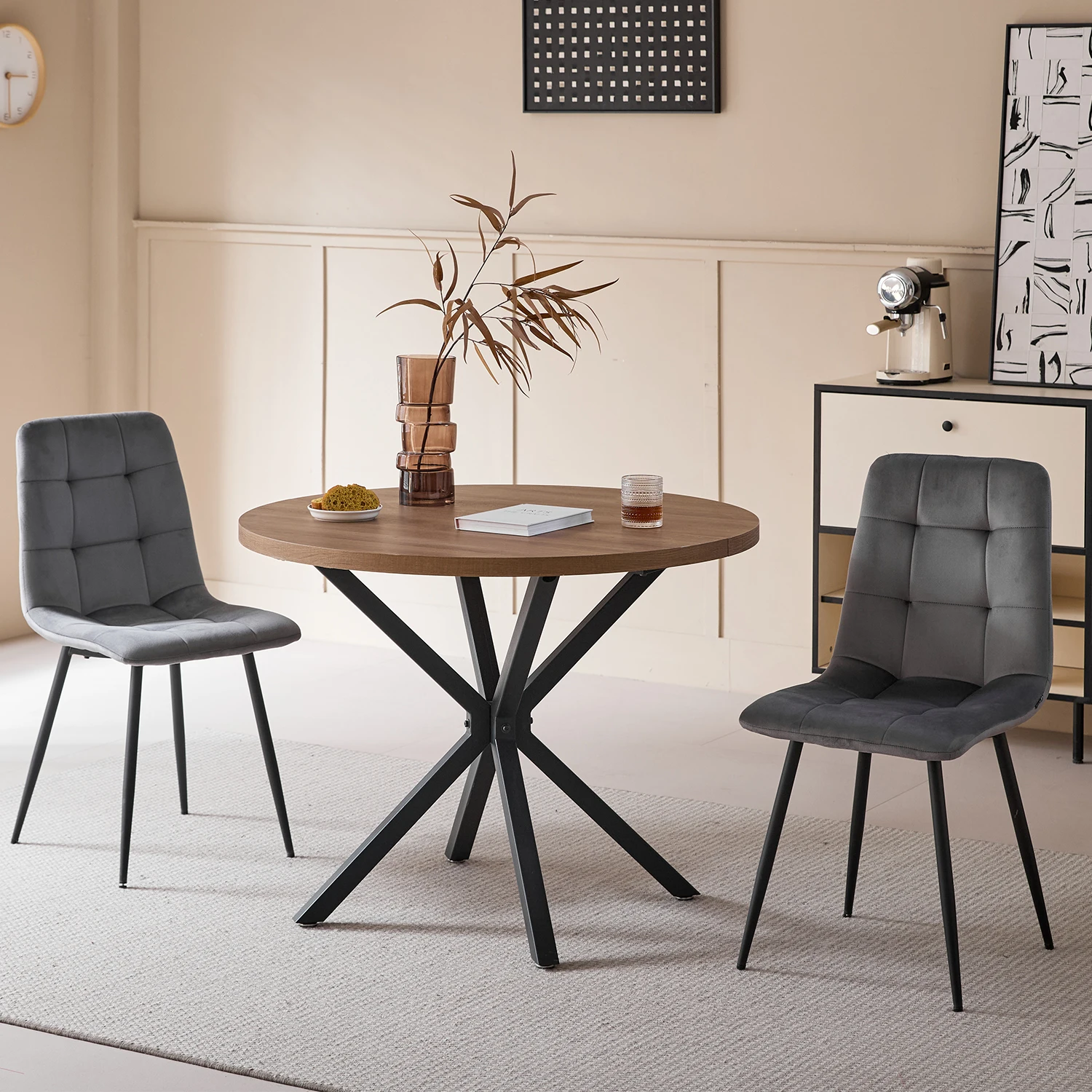 GrandCA HOME 4x Samt-Esszimmerstühle + runder Esstisch, 100 cm runder Esstisch-Set mit gepolsterten Stühlen für das Wohnzimmer – Detail 2