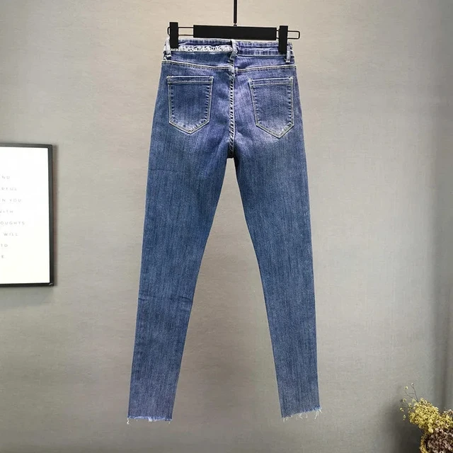 Ladies Heavy Industry Rhinestone Skinny Jeans 2023 Spring Summer High Waist Women Blue Denim Pants Korean Street Stretch Pants 2