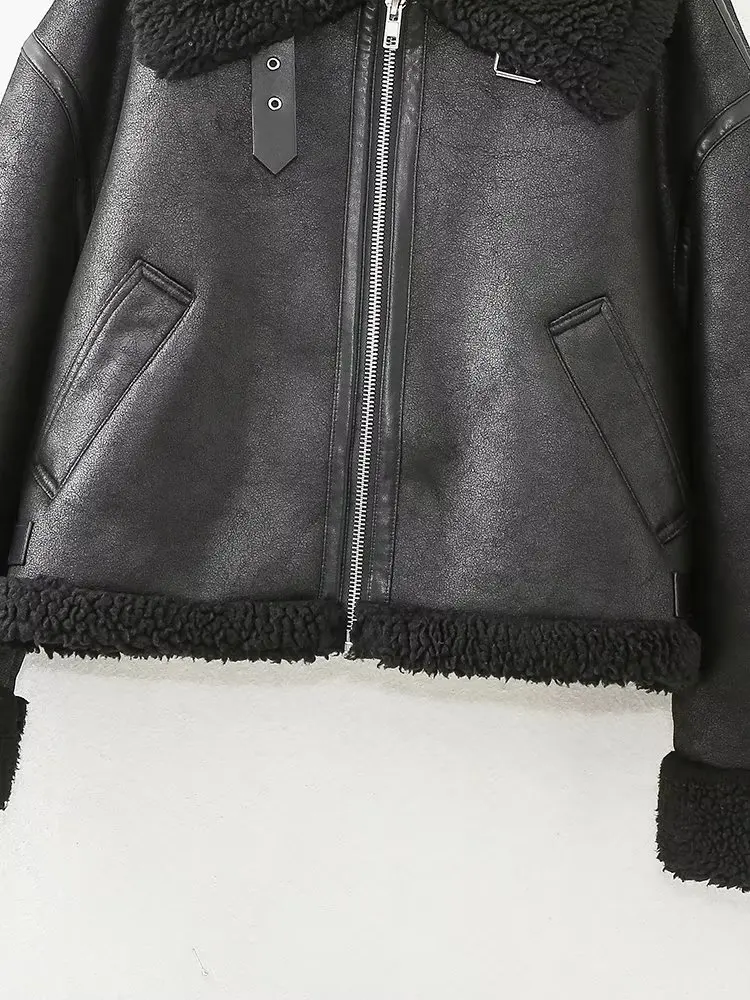 Dave&Di Fashion European And American High Street  Leather Plush Turtleneck  Jacket Warm Retro Jacket Women