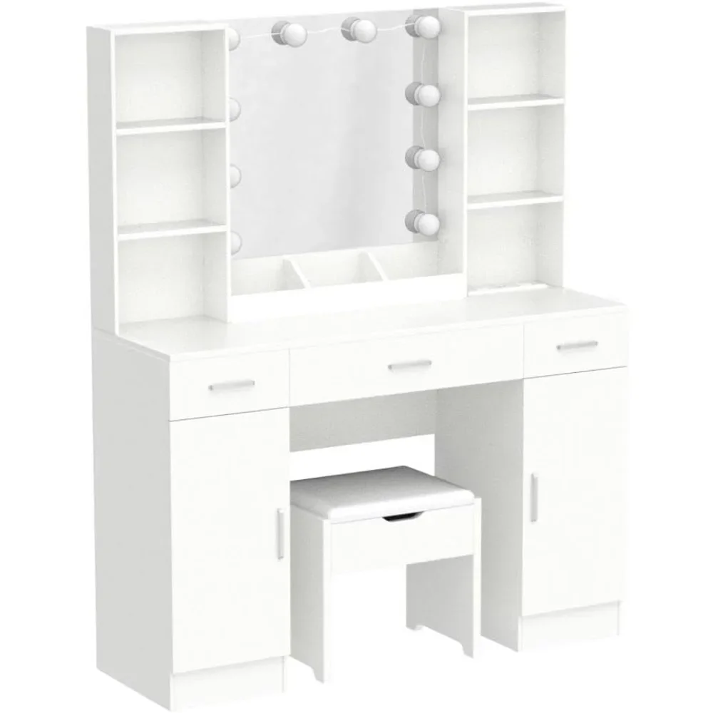 NEW-Makeup Vanity Table with Lighted Mirror & Power Strip, Large Vanity Set Vanity Desk with Lots Storage, 3 Lighting Modes, Bri