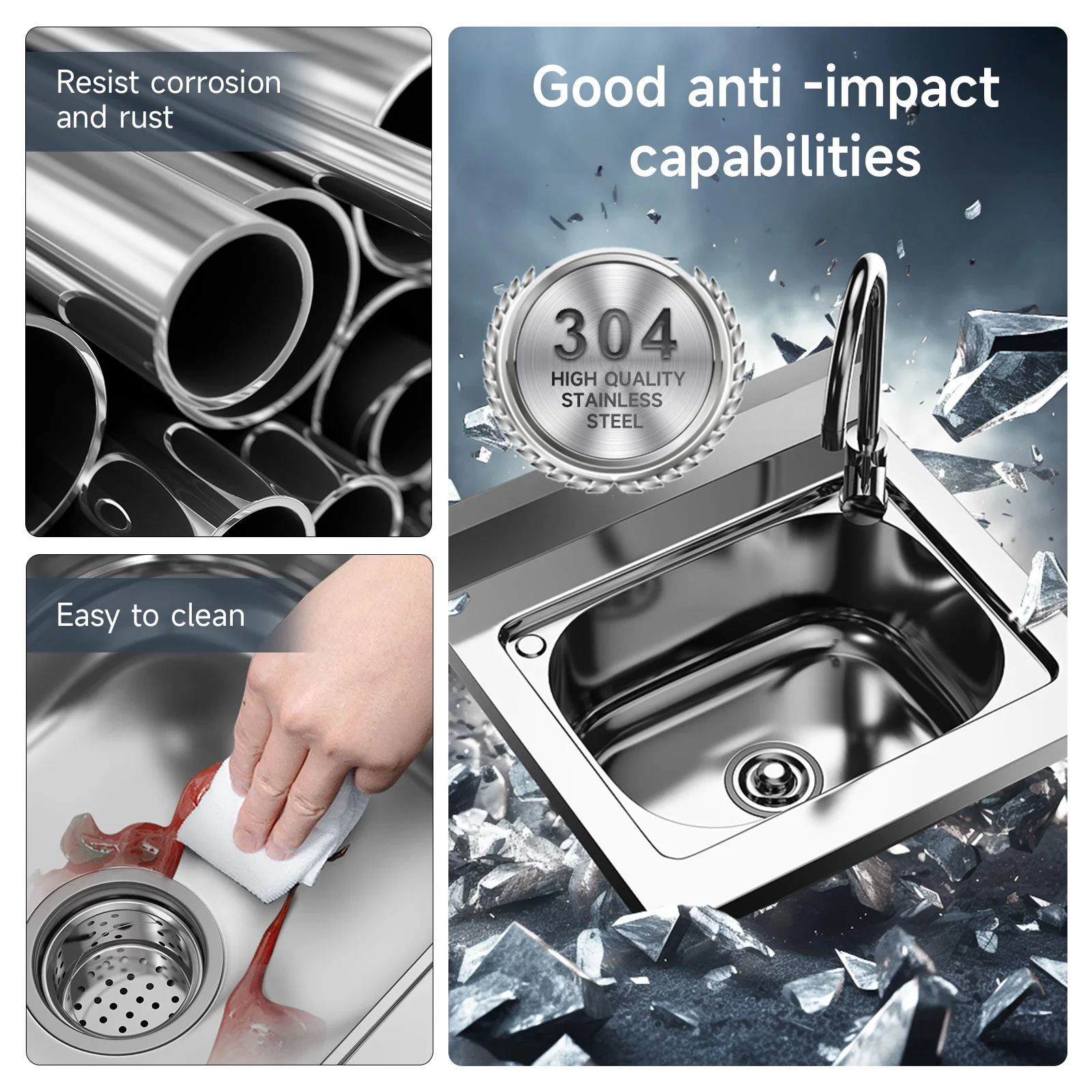Utility Sink Stainless Steel Commercial Restaurant Kitchen Sink with Cold & Hot Water Pipe, Laundry Tub For Indoor Outdoor 4