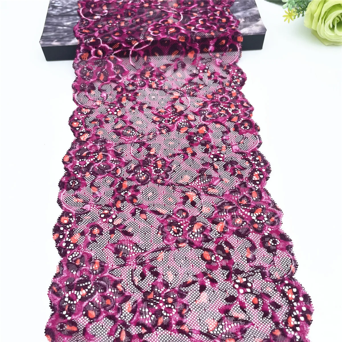 3y/lot 19cm Floral Violet Elastic Lace Trim DK Purple 3