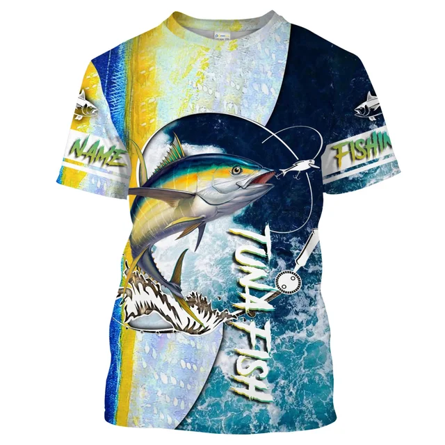 3D Tuna Fishing Printed Men's T-Shirt Fish Blue Summer Style