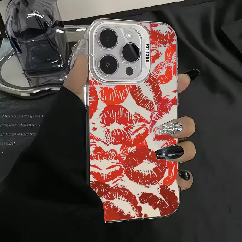thumbnail image 1 of Funda de teléfono con IMD de plata galvanizada con labios rojos y chica sexy para iPhone 15, 16 Pro Max, 14, 13, 12, 11, XR, XS, 7, 8 Plus, carcasa trasera a prueba de golpes, 1 of 5