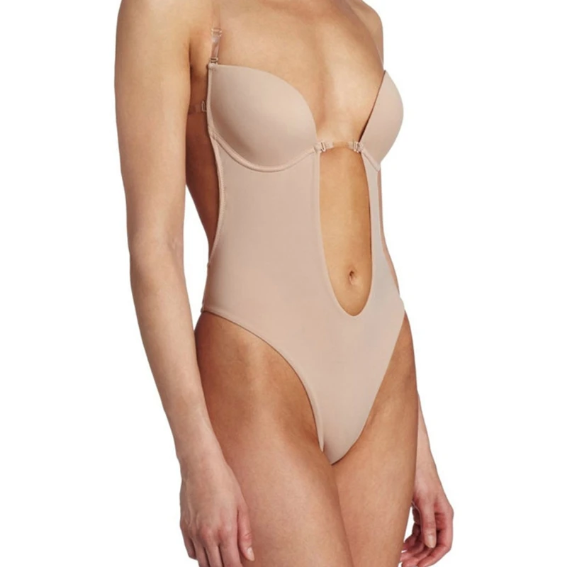 Women body shaper Women sexy U plunge backless bodysuit Deep V-neck Seamless thong bottom underwear Padded push up body shapewear top For M6CD