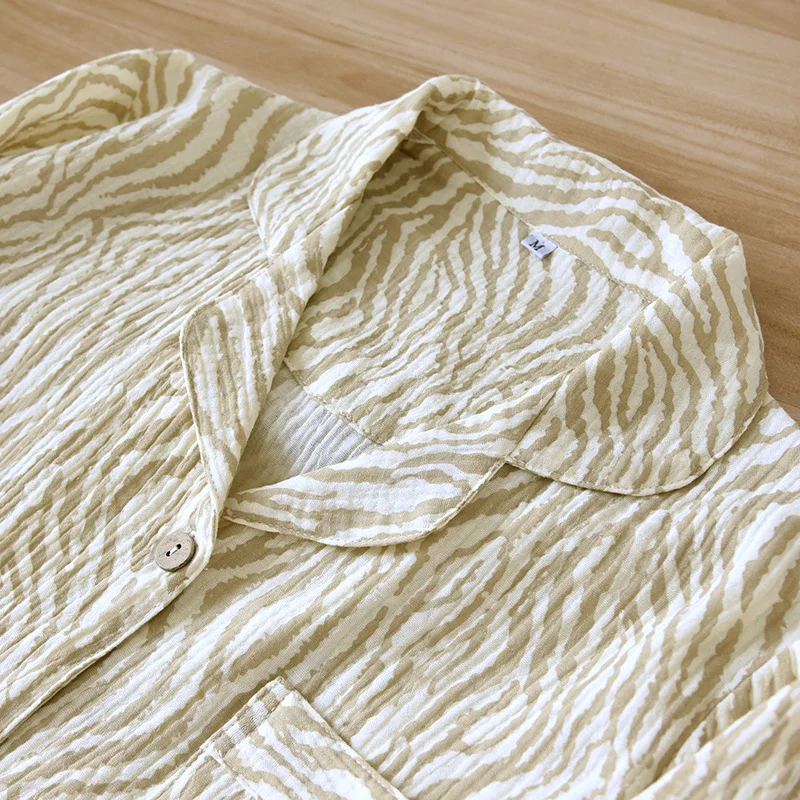 Autumn Women's Striped Pajamas 100% Cotton Gauze Lapel Pocket Buttons Long Sleeve Nightgown Pants Outerwear Unique Night-clothes