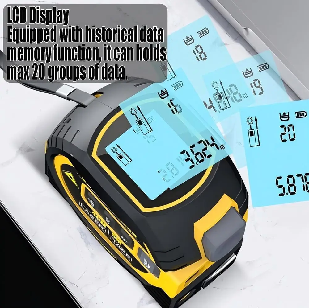 3-in-1 디지털 줄자 - LCD 백라이트, 16피트 줄자, 135/196피트 거리측정기, 데이터 저장 기능, 견고한 ABS 케이스