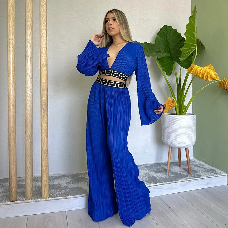 

Women Top Blouse Set Solid Elastic Waist Loose Evening Party Wide Leg Pants 2-piece Set Fringe Minimalist V-neck Flared Sleeves