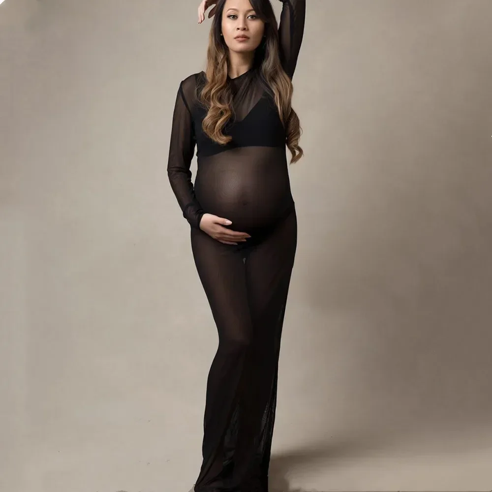 

Pregnancy Dress Perspective Sexy Elastic Mesh Pregnant Women's Photography Dress Long Dress Large Hem Four Seasons Black