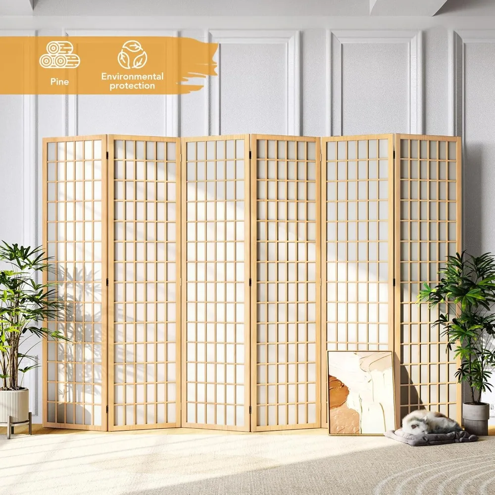 6 Panel Japanese Shoji Screen Room Divider, 5.9 Ft Natural Wood Privacy Wall for Home Office