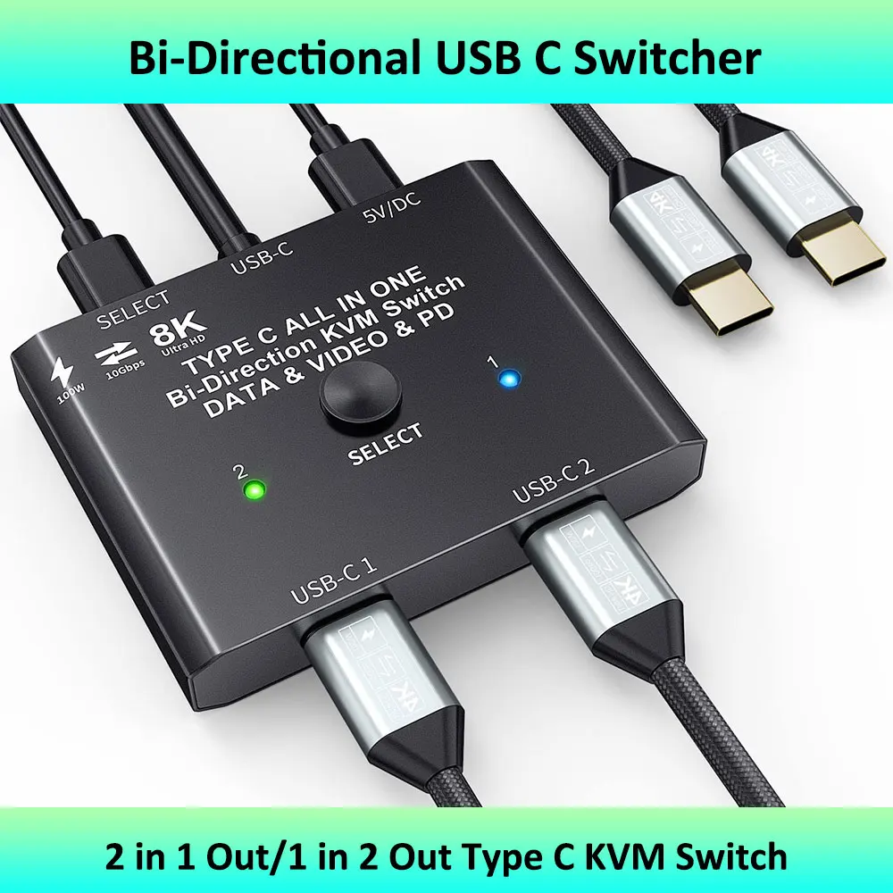 

8K USB C Bi-Direction Switch 1x2/2x1 Data Video Switcher USB 3.1 PD 100W Splitter For Computer Monitor Multiple Source KVM