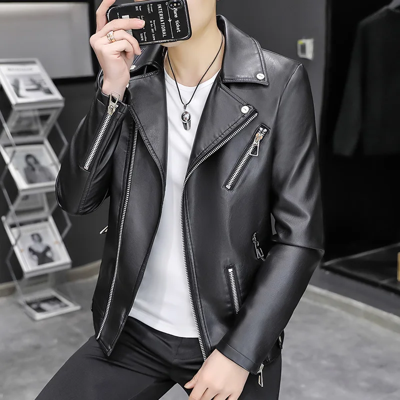 

Мужская кожаная куртка с косыми молниями и отложным воротником, молодежная Повседневная модная деловая куртка из искусственной кожи, 2023