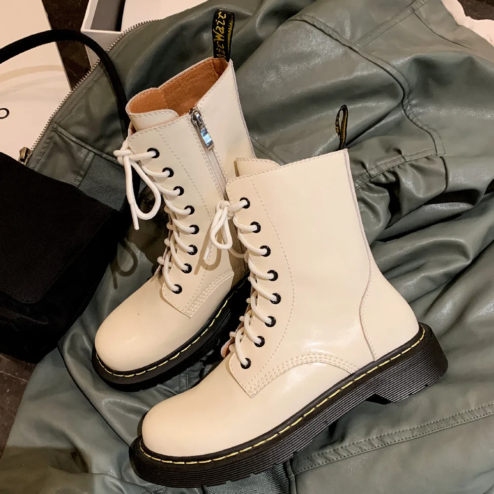 

Women's genuine leather thick sole platform flats autumn lace-up punk short motorcycle boots round toe casual female ankle boots