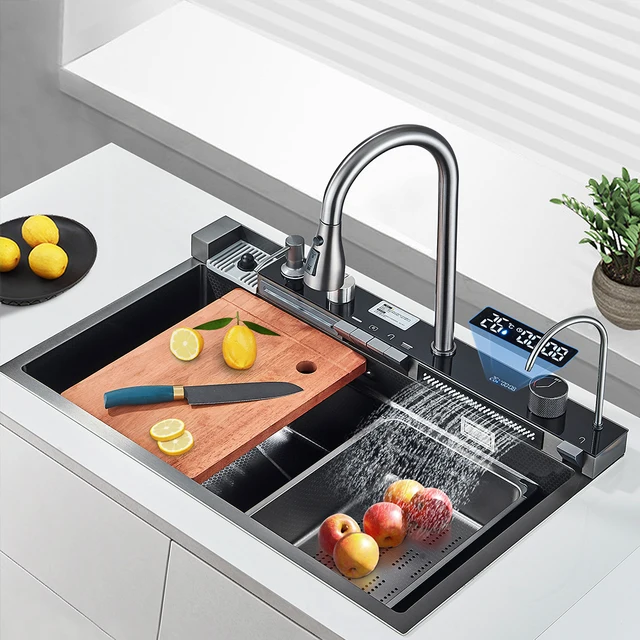 Lavello 75x45 Cm Lavello Cucina A Cascata In Acciaio Inox - Con Rubinetto Estraibile, Lavabicchieri E Tagliere Lavello 75x45cm Nero Grigio