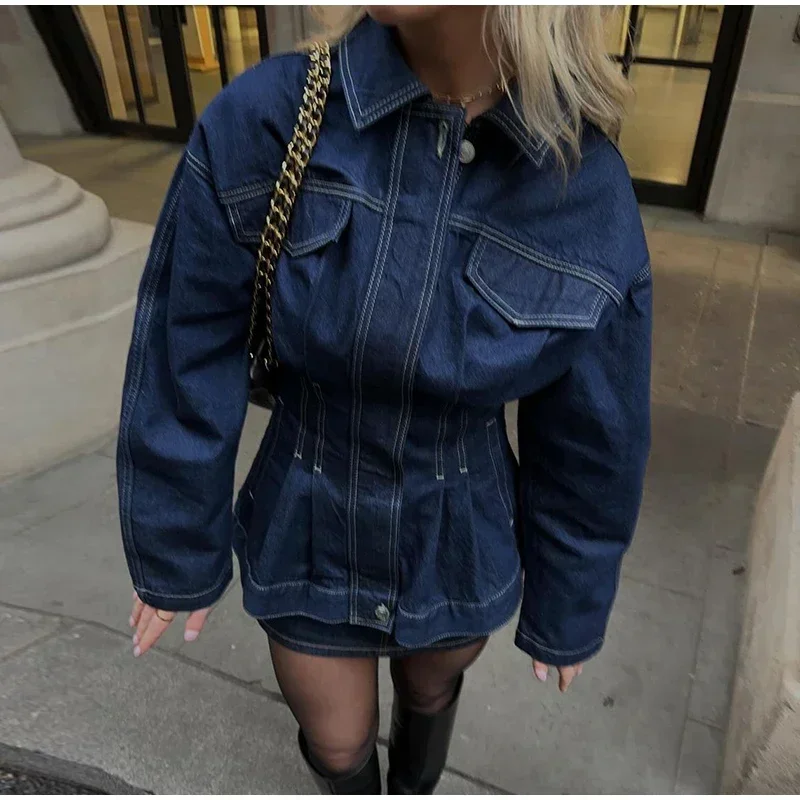 Chaqueta vaquera de calle para mujer, con solapa, mangas largas y cremallera, azul oscuro, cintura ceñida, abrigos vaqueros para mujer, primavera 2025, ropa exterior Y2K para mujer