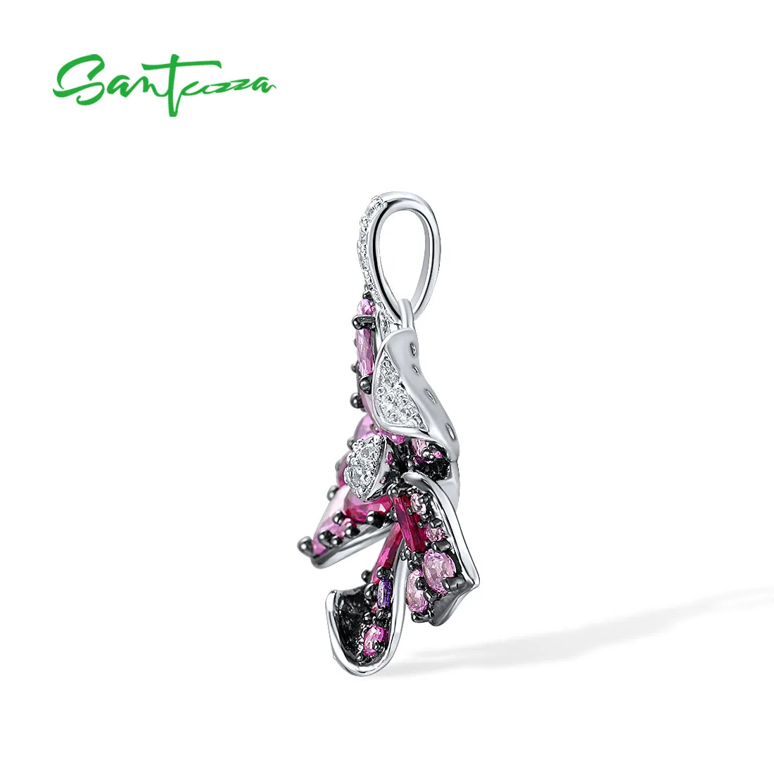 925 Sterling Silver Pendant For Women Pink Red Stones Blooming Lily Flower Jewelry