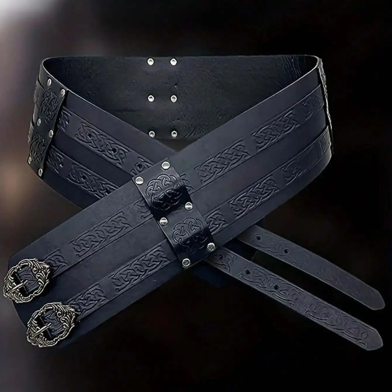 Vintage leather and elastic Saks Fifth Avenue France wide belt Renaissance Wide Leather Waist Belt | Leather Belt Viking Medieval  main image 2