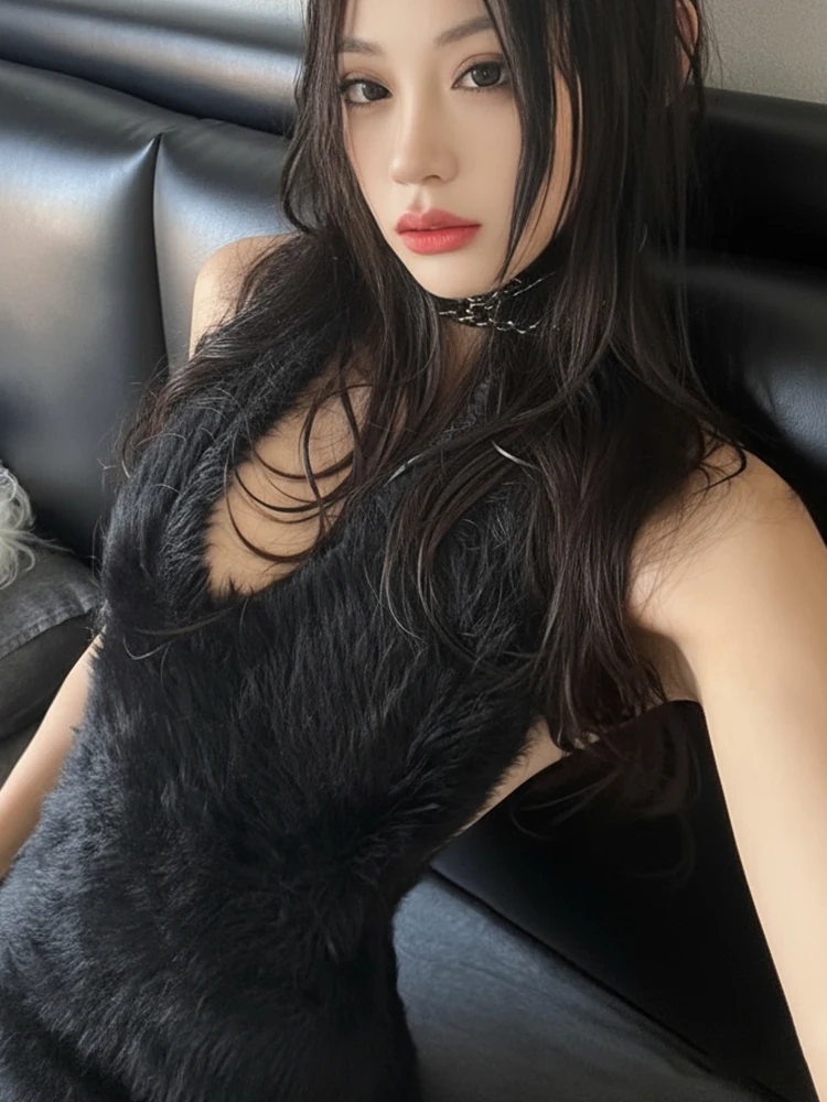 Nibber Backless Dress Women Sexy Furry Autumn Hottie Halter Sleeveless Stretch Skinny Trend Peach Hip Street Club Mini Bodycon