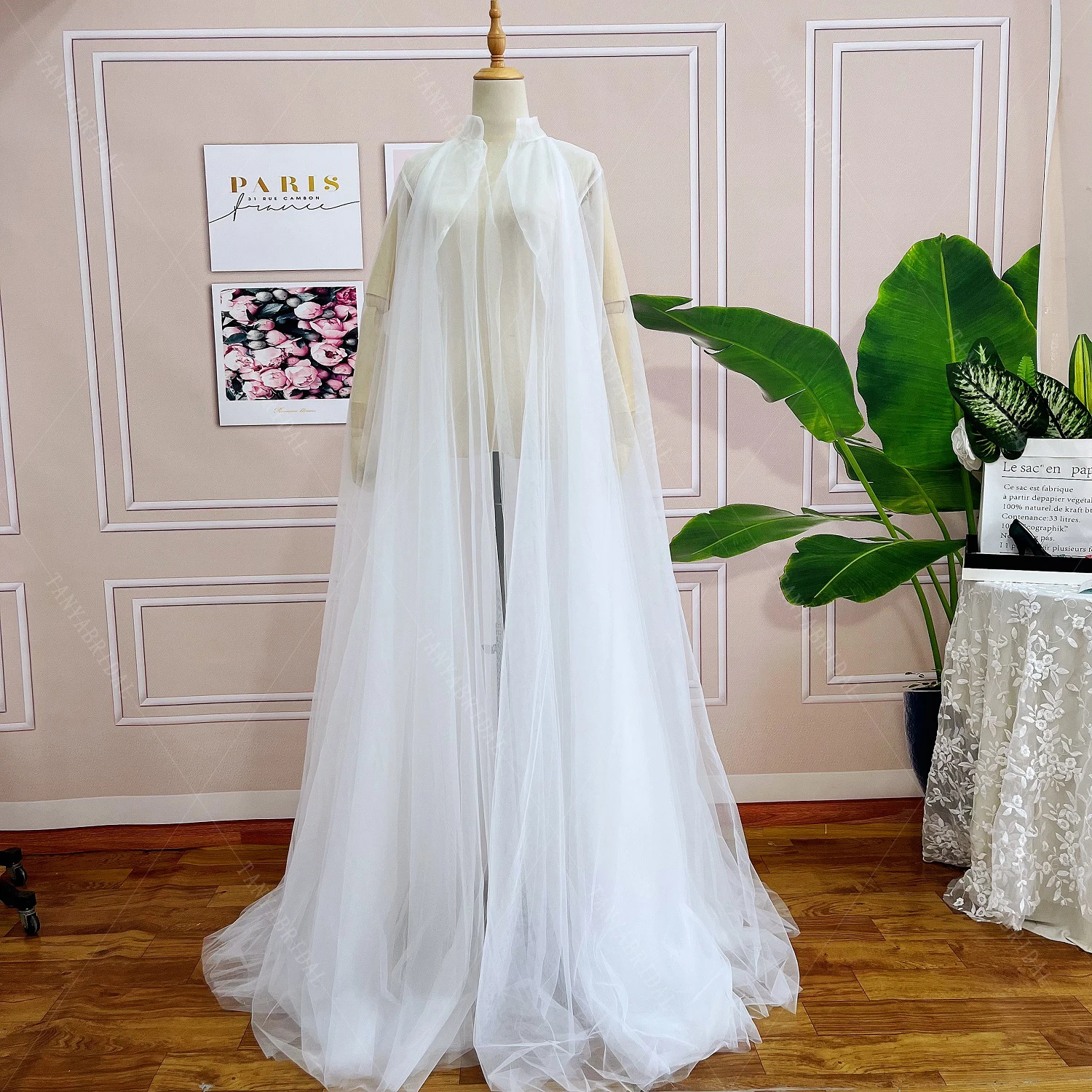Long Flowy Tulle Bridal Jacket Romantic Floor Length Wedding Cape