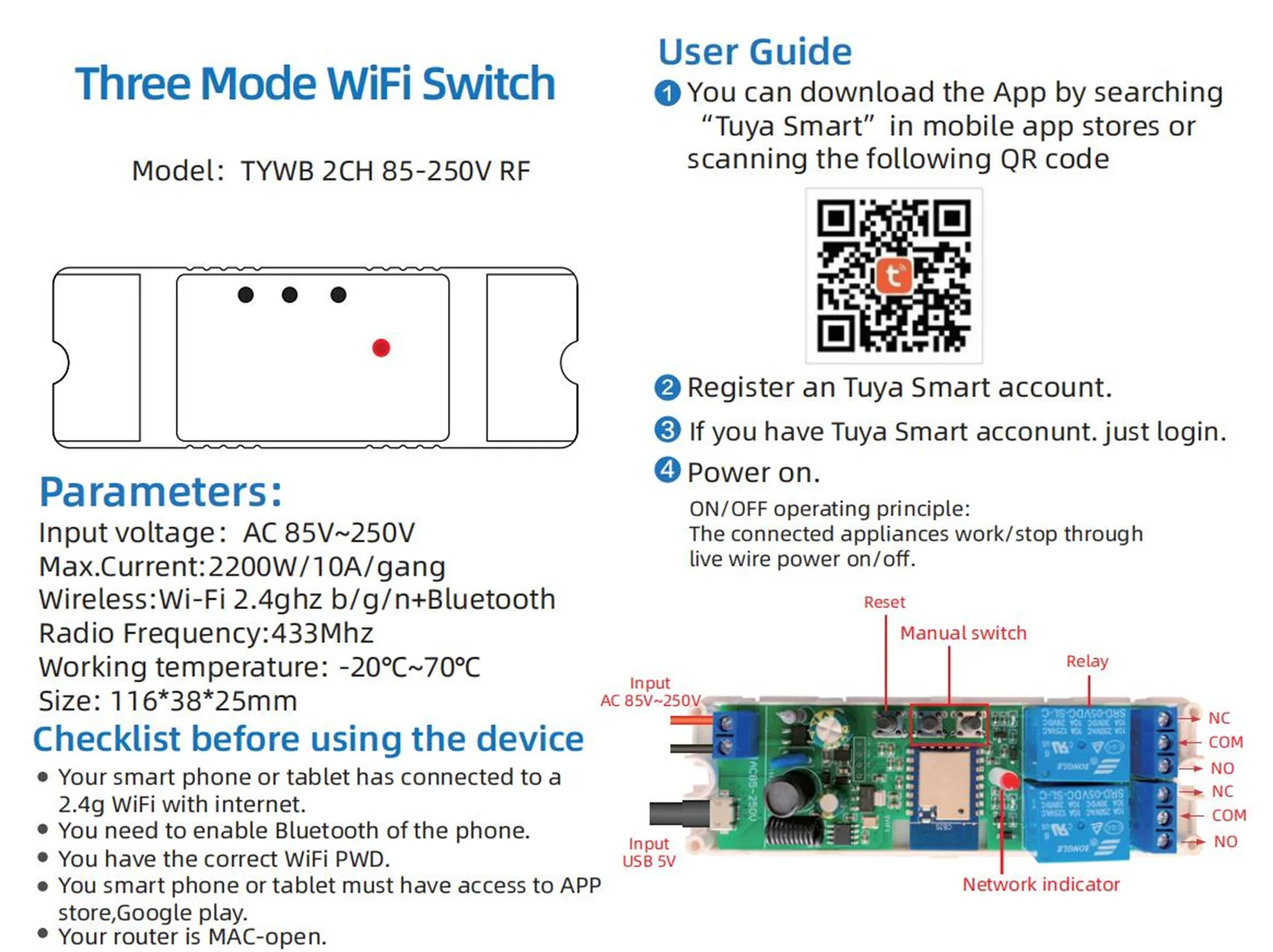 Tuya Smart Life WiFi Switch 90-250V Dry Contact Relay InterLock/ Selflock/ Momen